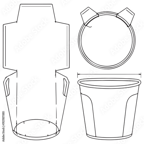 Technical paper bucket packaging dieline template featuring flat layout, top view, and side perspective for fast food or takeaway containers with integrated handles and clean black lines.