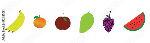 set of fresh fruit vectors with variants of fruits, banana, apple, orange, grape, and watermelon with colored design isolated on a white background