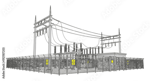 electrical substation illustration with high-voltage power lines transformers and a secure fence vital energy infrastructure.
