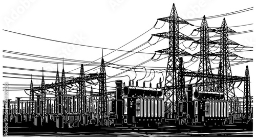 electrical substation with power lines transformers pylons symbolizing industrial power transmission and energy grid.