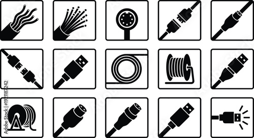 Electrical cable and connector icon set with USB plug, power cord, wire spool and network adapter vector collection for technology and hardware design