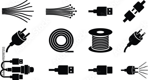 Electrical cable and power plug icons set, USB connector, wire spool, extension cord and charging adapter silhouette vector collection