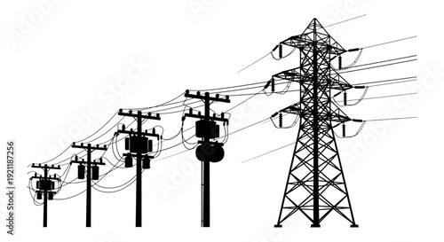 electricity power lines connecting utility poles to a large transmission pylon silhouettes illustrating critical power grid infrastructure.