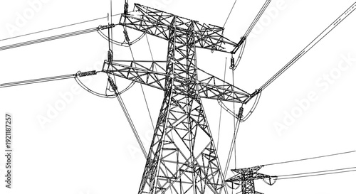 electricity pylon and high-voltage power lines in crisp vector art symbolizing modern energy transmission and vital infrastructure.