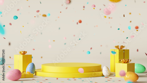 Yellow podium with easter eggs and gift boxes background. 3D rendering