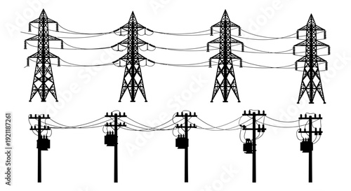 electricity pylons and utility poles connected by power lines a graphic silhouette depicting essential energy transmission infrastructure.