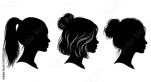 elegant female profile silhouettes showcasing diverse hairstyles sleek ponytail chic bob with updo and a messy bun perfect for beauty