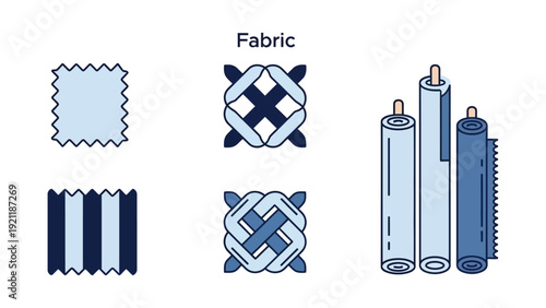 fabric textile materials in rolls swatches and intricate weave patterns in shades of blue ideal for fashion and craft design