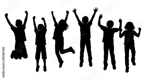 energetic diverse children silhouettes jumping high with arms raised on a white background symbolizing happiness freedom and success.