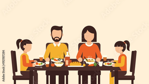 family dinner illustration showing parents and two children enjoying a healthy meal at a dining table depicting togetherness and bonding.