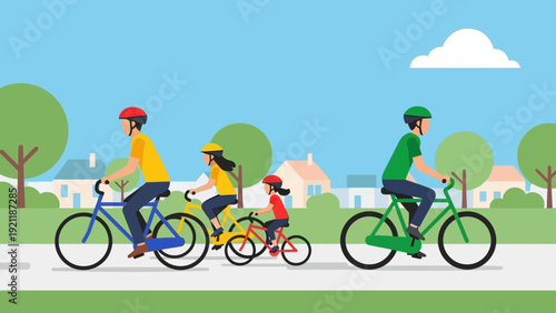 family and a man cycling on bikes along a sunny suburban park path illustrating healthy outdoor activity and leisure.