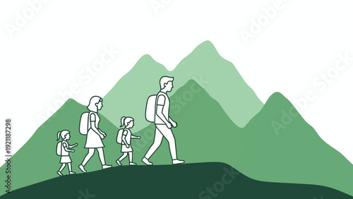 family hiking on a green mountain trail parents and two children with backpacks illustrating outdoor adventure and healthy lifestyle.