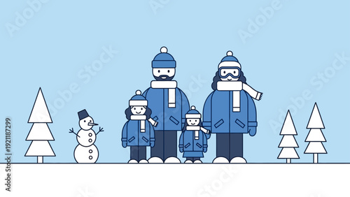 family of four in winter clothes standing in a snowy landscape with snowman and trees depicting winter activities and holiday season