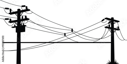 Silhouette utility poles with transformer, overhead power lines, electrical distribution infrastructure, rural energy supply, vector illustration for stock content, urban grid system
