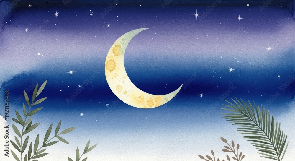 Naklejka premium Watercolor painting of a serene night sky with crescent moon, stars, and abstract palm leaves, perfect for Islamic themes