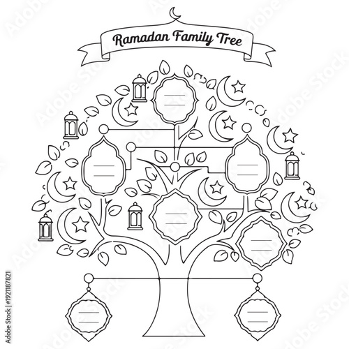 Ramadan Family Tree Coloring Page for Kids Featuring Blank Name Frames and Islamic Symbols Like Lanterns and Crescent Moons for Educational Religious Activities and Family History Projects