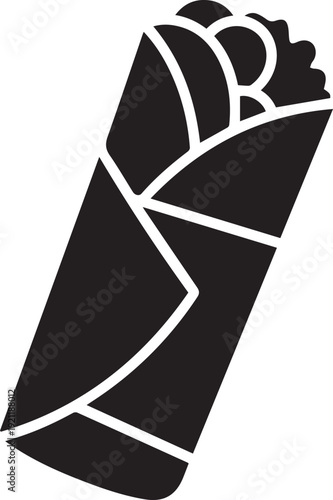 Delicious mexican burrito vector silhouette wrap with spicy tortilla filling and line art