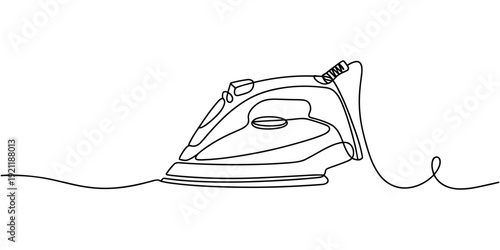 One continuous line drawing of cloth ironing electric home appliance. Electricity household gadget template concept. Trendy single line draw design vector graphic illustration, Continuous line Iron.
