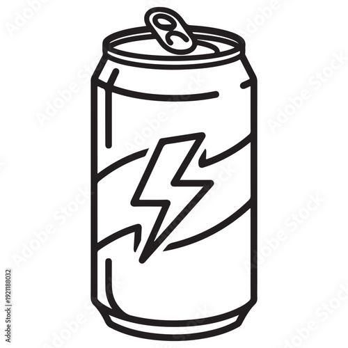 Minimalist energy drink can icon with lightning bolt symbol featuring an open pull-tab and bold black outlines isolated on white for graphic design, logo creation, or coloring book projects.