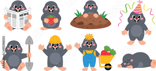 Cute cartoon mole character collection, adorable animal mascot set with farmer builder party mole isolated on white background