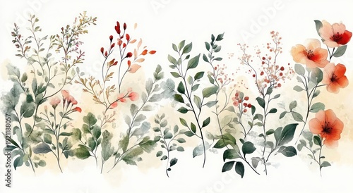 delicate watercolor wildflowers, green leafy stems, red-orange blossoms and tiny berries on a soft light background, evoking calm serenity