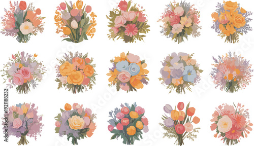 Watercolor floral bouquet collection, pastel spring flowers arrangement set, romantic vintage botanical illustration isolated on white background