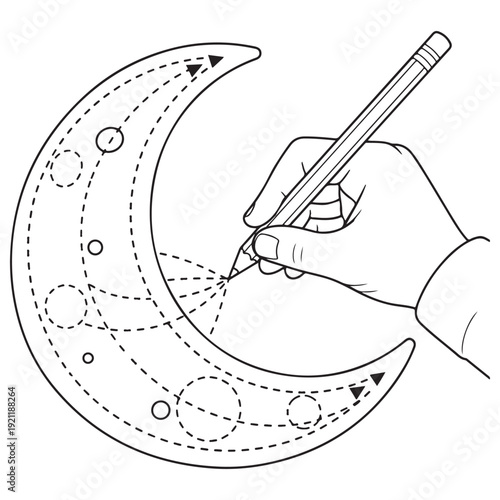 Human hand holding a pencil tracing a crescent moon with dashed lines and directional arrows for a preschool educational worksheet or coloring book activity in clean black and white line art.