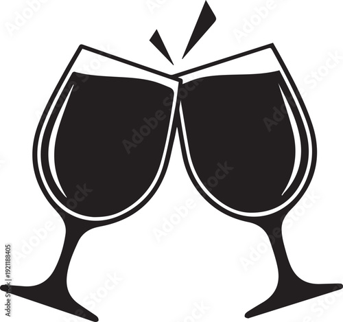 Two wine glasses toasting together in celebration vector silhouette line art illustration
