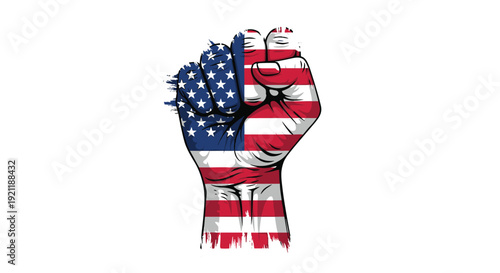 Powerful fist raised in the air is decorated with the stars and stripes of the American flag to symbolize strength and patriotism.