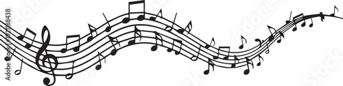 Wavy musical staff with various notes and clef vector silhouette line art illustration