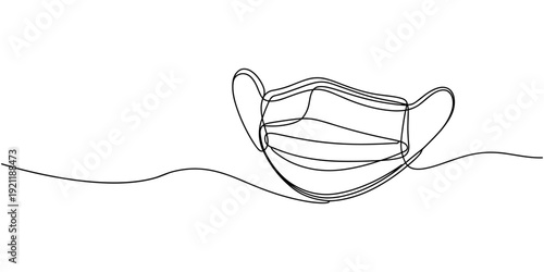 Face mask one line art drawing of medical protective equipment, Continuous one line drawing of a face mask. Concept of protection, health and safety, Fabric Face Mask Protection continuous one line