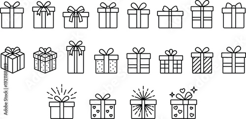 Gift box line icons set, present package with ribbon bow celebration vector outline collection isolated on white background for birthday and holiday design