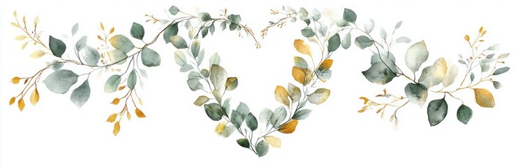 delicate watercolor eucalyptus garland with golden accents forming a heart and flowing leafy borders, serene romantic botanical composition