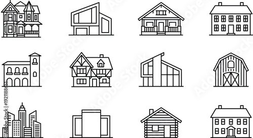 House architecture line icons set, residential buildings modern cottage barn city skyline vector outline collection isolated on white background for real estate design