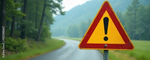 Yellow triangle road sign with exclamation point Close-up view of caution sign , graphic, journey, path