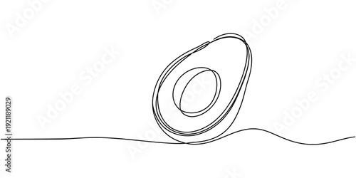 Avocado Single Line Icon, Continuous one single minimal line drawing Avocado, Avocado continuous line drawing vector illustration. A half of avocado superfood line art illustration, white background.