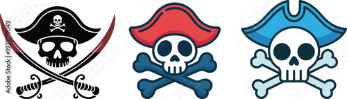 Pirate skull emoji and crossbones icons with crossed swords and hats, graphic symbol set