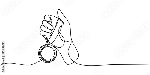 Hand hold medal continuous line drawing. Achievement, Hand holding trophy continuously drawing one line symbol of achievement. one line Icon drawing