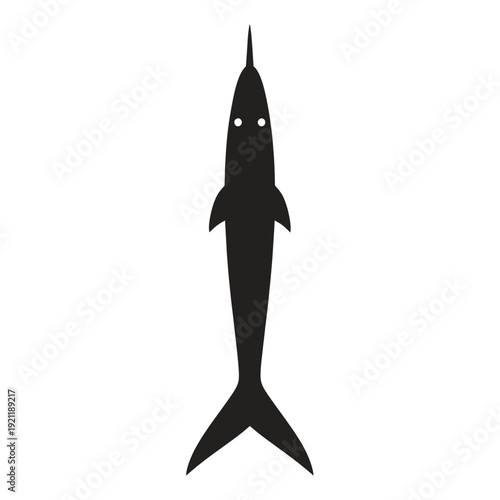 Black Silhouette of a Swordfish Swimming Upwards on White Background, Top View