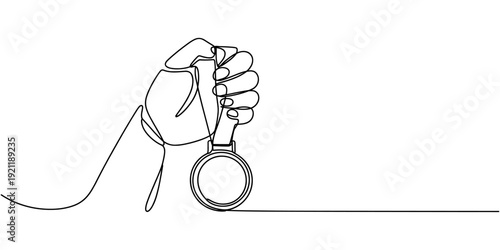 Hand hold medal continuous line drawing. Achievement, Hand holding trophy continuously drawing one line symbol of achievement. one line Icon drawing