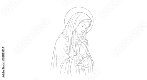 Virgin Mary Praying with Halo, Religious Line Art, Christian Symbol