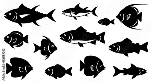 Collection of Diverse Fish Silhouettes on White Background