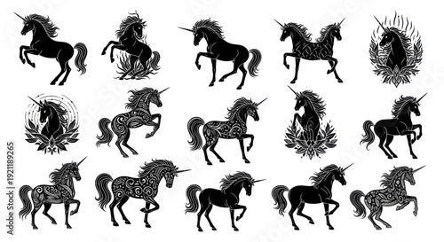 Black Unicorn Silhouettes Collection - Mythical Horse Illustrations