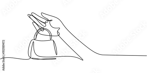 One continuous line drawing of hand holding bag. Self drawing  of shopping concept, Carry the shopping with eco friendly bags. Full length single line, National Brown Bag It Day.