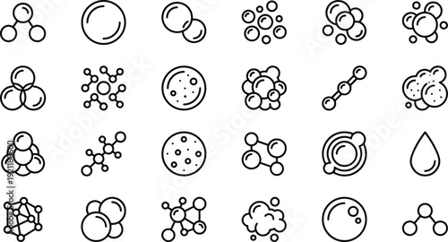 Molecule and atom line icons collection, chemistry molecular structure particles science vector outline set isolated on white background for education design