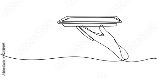 Hand holding tray for hot dishes continuous one line drawing, Hand holding tray for hot dishes continuous one line drawing, Single one line drawing tray on hand. Hand of waiter holding