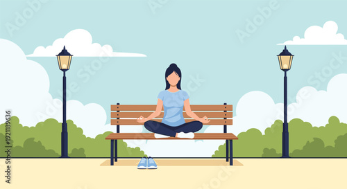 Peaceful woman sits in a lotus position meditating on a wooden park bench surrounded by green trees and street lamps under a clear sky.