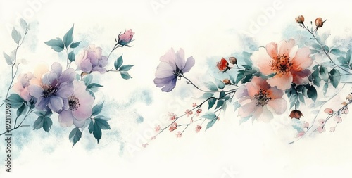 Delicate watercolor floral scene of peach and lavender blooms with buds, green leaves and airy blue wash evoking a serene, tranquil mood