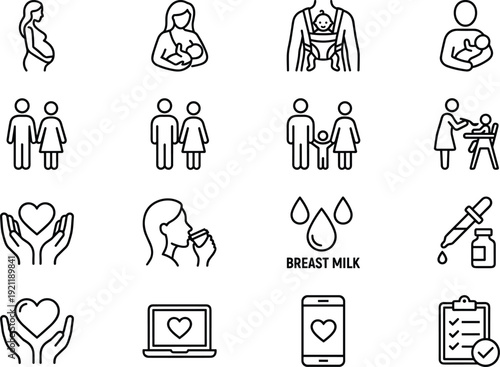 Motherhood and parenting icon set with pregnancy, breastfeeding, baby care, family support, newborn feeding and maternal health line vector collection