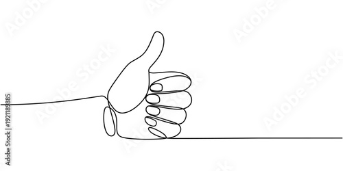 Continuous one line drawing of like hand showing thumb up. Vector illustration, One line drawing of hand showing great sign. Continuous line finger up. Hand-drawn vector illustration of linear like